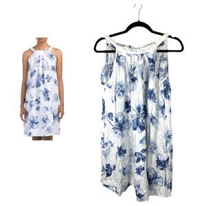 Bella Umbra Italy Linen White Blue Floral Resort Sleeveless Flowy Dress  Medium